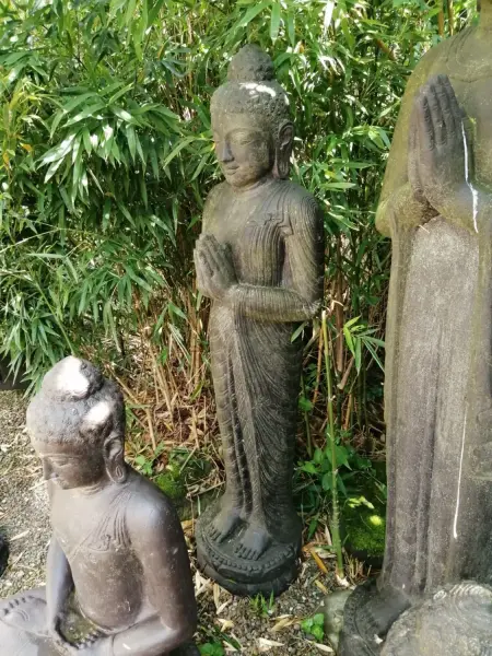 Product image 2 of the product “Standing Buddha, India, 158 cm height, cast stone, handcrafted & coloured ”